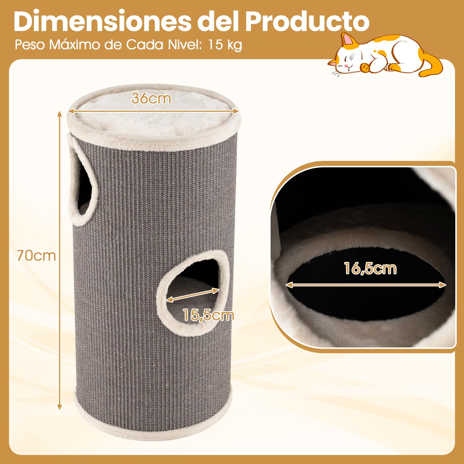 COSTWAY Barril Rascador para Gatos de 4 Niveles, 70 cm Torre Gato Rascador con Almohadilla para Rascar de Sisal, Cama Acolchada, Condominio para Gato Forma Barril, Ideal para Hogares con Varios Gatos