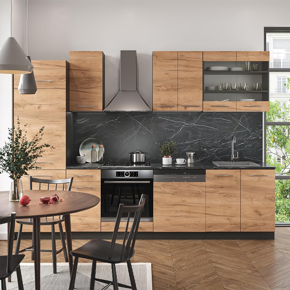 Vicco Küchenzeile Fame-Line, Goldkraft Eiche/Anthrazit, 300 cm | ohne Arbeitsplatte, zur individuellen Erweiterung mit kompatiblen Modulen