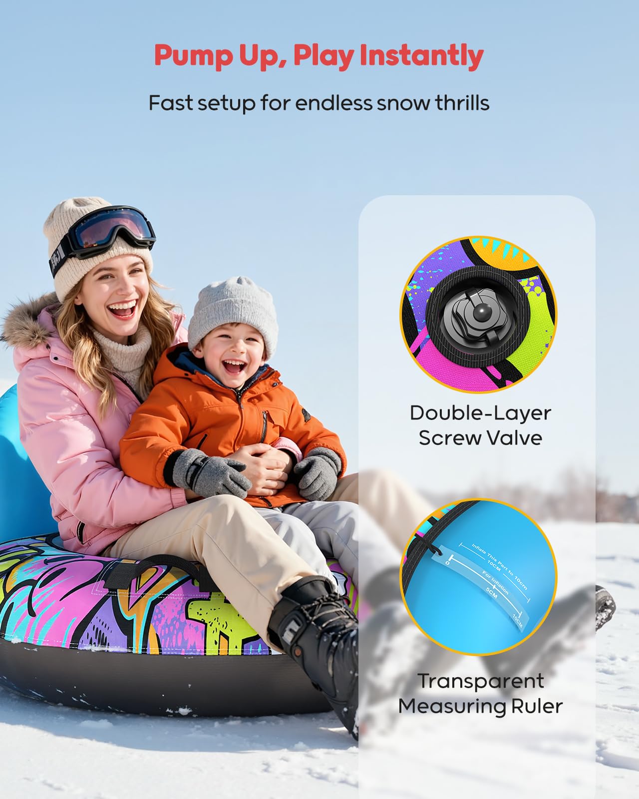 Trineo Inflable de Nieve de 44 Pulgadas con Respaldo, Capacidad de 500 Libras, con Cubierta y Cuerda de Remolque