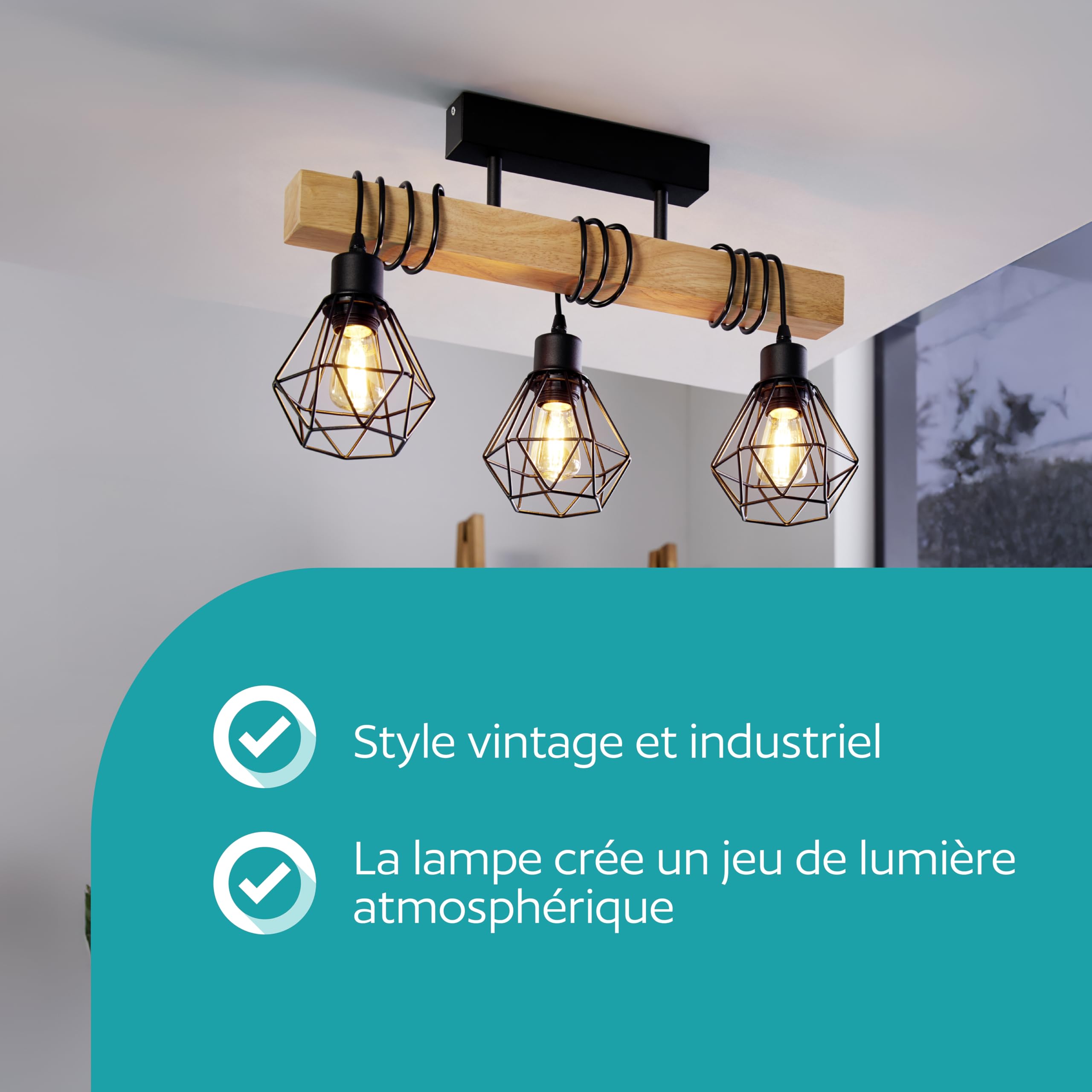 Eglo Suspension luminaire Townshend 5, lustre à 3 lampes, abat-jour | suspendus au design vintage et industriel, éclairage rétro en acier noir et bois, certifié FSC, douille E27