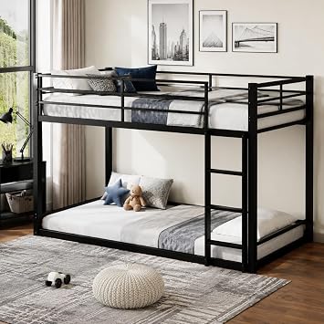 KEIKI Twin Over Twin Metal Bunk Bed with Ladder High Guardrails Heavy Duty Iron Frame Noise-Free Design Under Bed Storage No Box Spring Needed Black Steel Bed Frame Dorm Kids Adults Home, Black