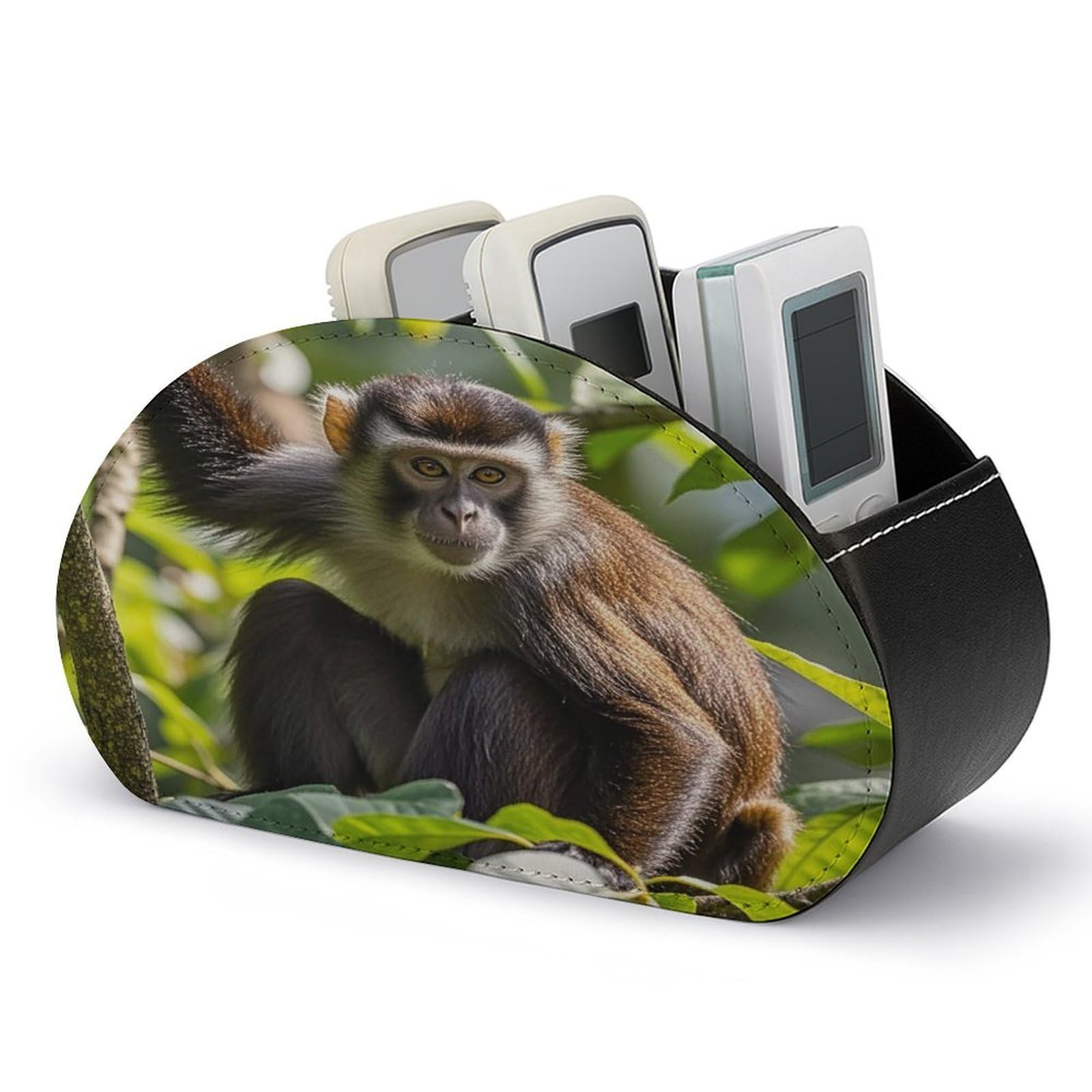 FekiLoot Monkey TV Remote Control Holder with 5 Compartments Multi-functional Leather Bedside Table Remote Caddy Desktop Storage Box for Store Pen Controller Media Player Cosmetic