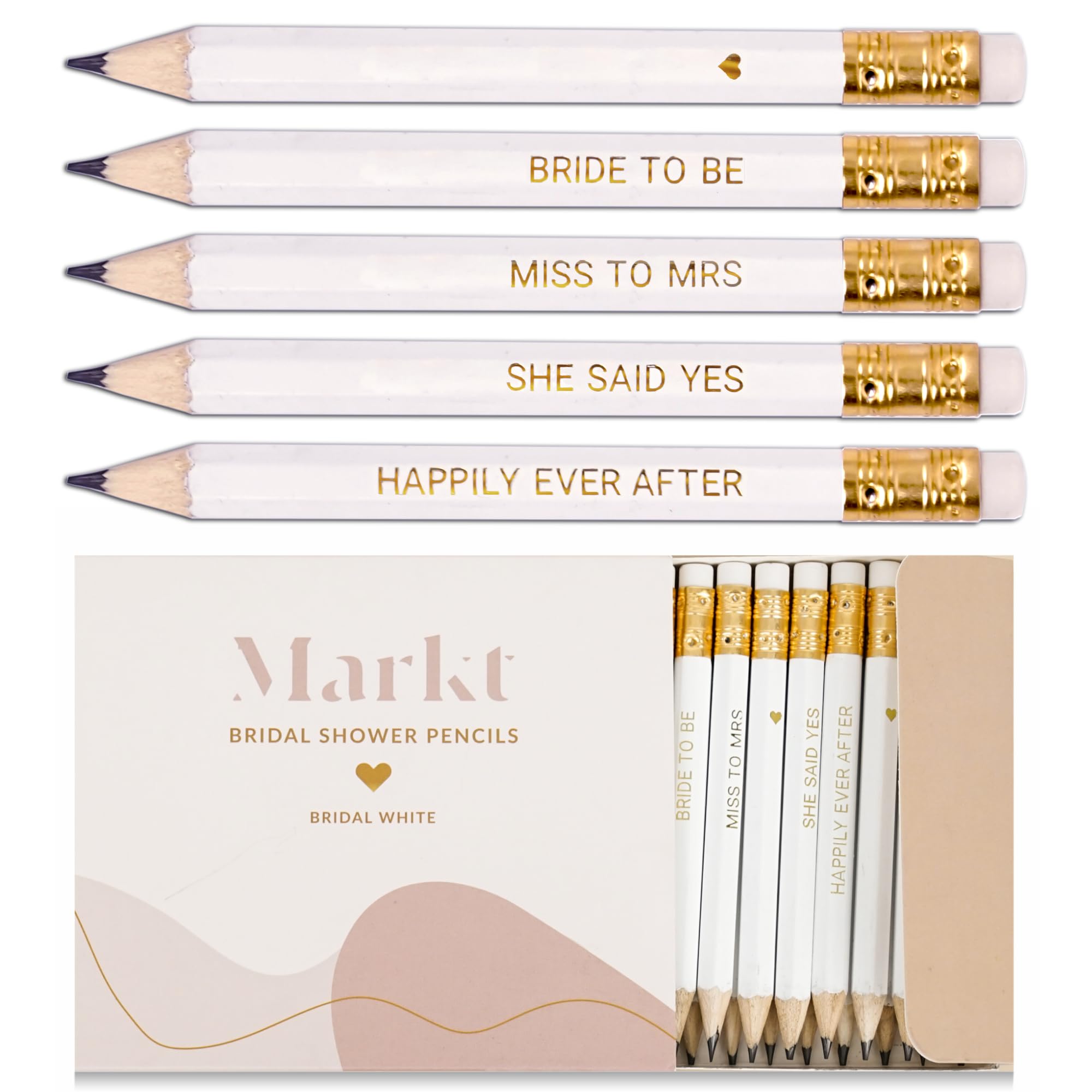 Markt Mini Pencils for Bridal Shower Games, Bridal Shower Pens, Heart Pencils, Small Pencil Set For Prizes, Game Winner Gifts (White)