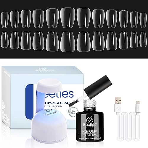 Beetles - Kit de extensión de uñas de gel fácil con 504 piezas preformadas XS cortas con puntas suaves de ataúd corto 5 en 1 y gel base de pegamento