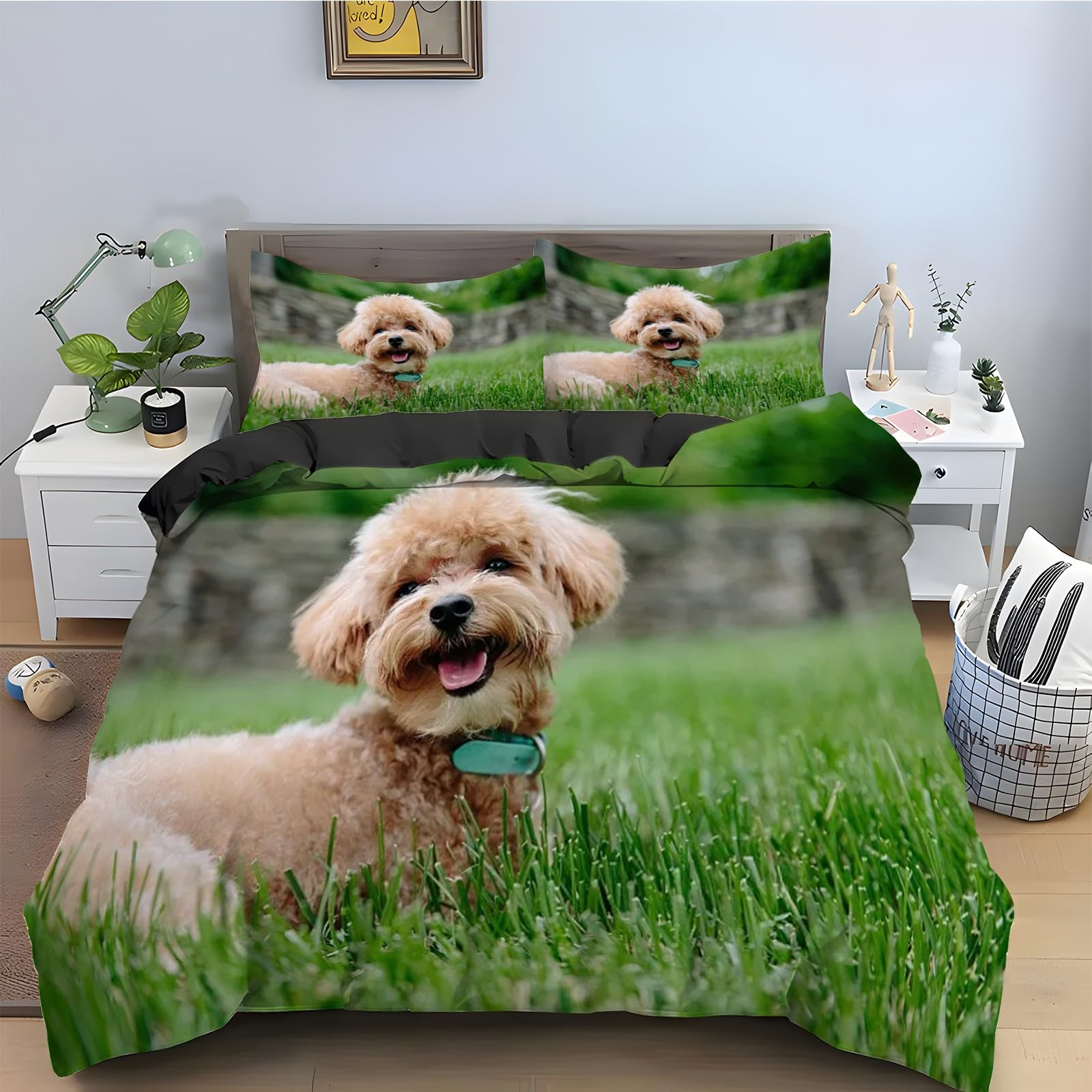 Housse de Couette 240 x 260 Caniche Parure de Lit 3 Pièces en Microfibre Douce