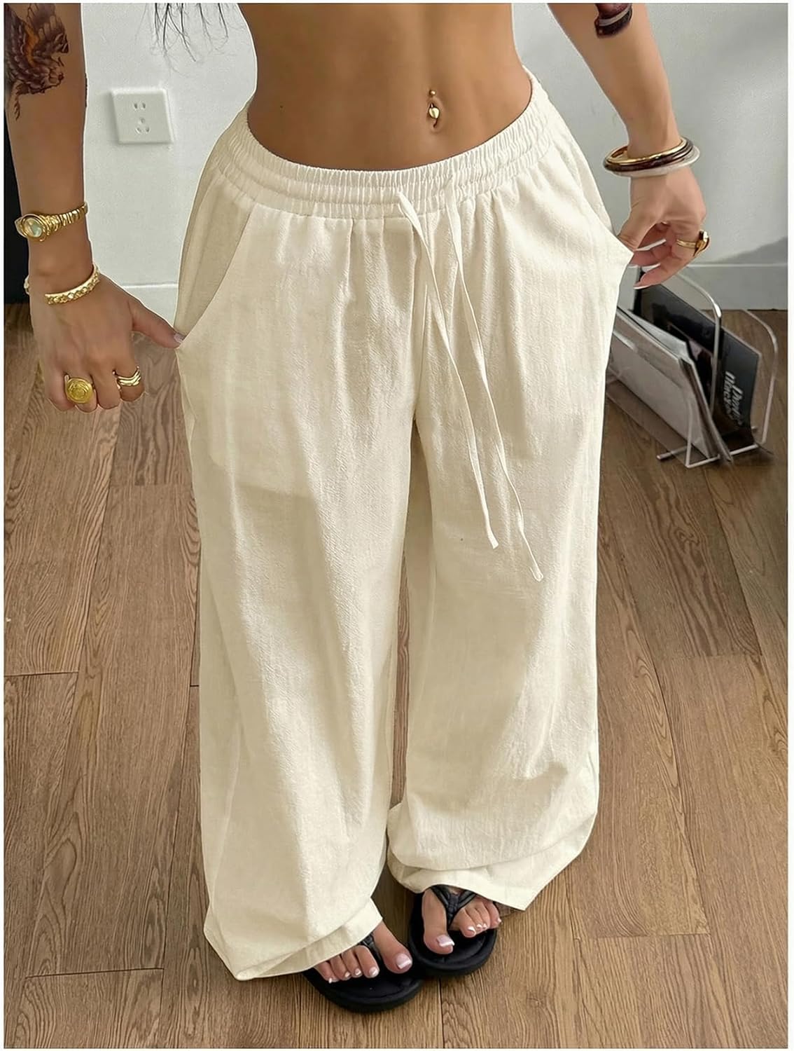 Women's Boho Wide Leg Linen Pants Drawstring Waist Casual Loose Trousers Vacation Outfits - Image 2