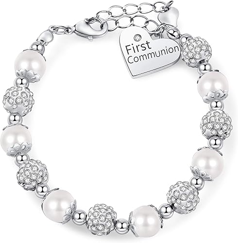 Pulsera de abalorios blancos para la primera comunión, joyería hecha a mano, regalo de bautismo o bautizo, Circonita cúbica