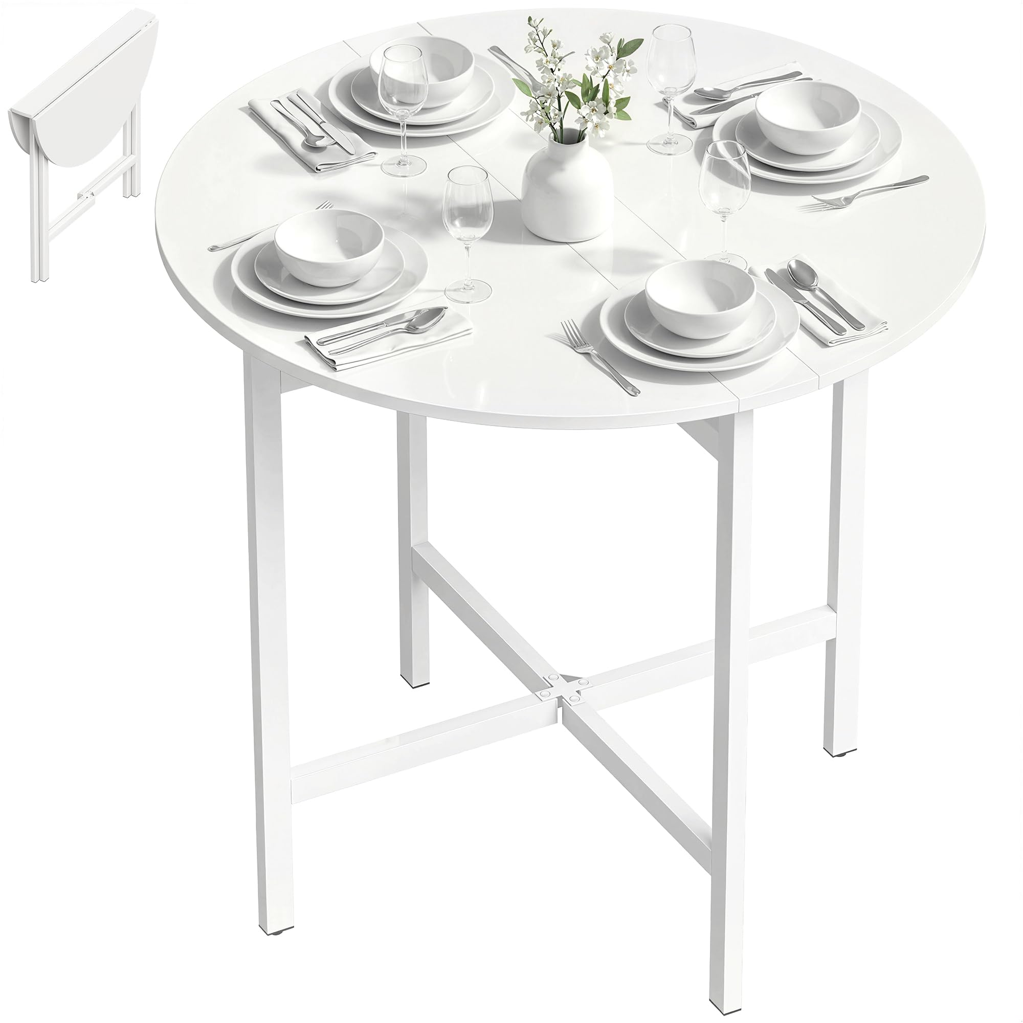 HOMCOM Tavolo da Pranzo Rotondo Pieghevole per 2-4 Persone, Ø80 cm Tavolo Cucina a Ribalta con Gambe a X in Acciaio, Salvaspazio per Soggiorno Sala da Pranzo, Bianco