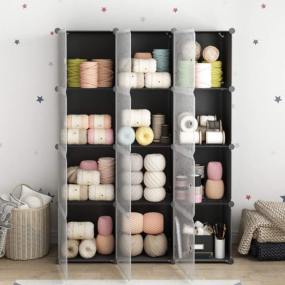 12 Cube Storage Organizer - 14x14 inch DIY Closet Storage Organiser with Doors, Portable Wardrobe, Plastic Cube Closet Storage Shelves for Shoes Clothes Toys Books (12 Cubes)