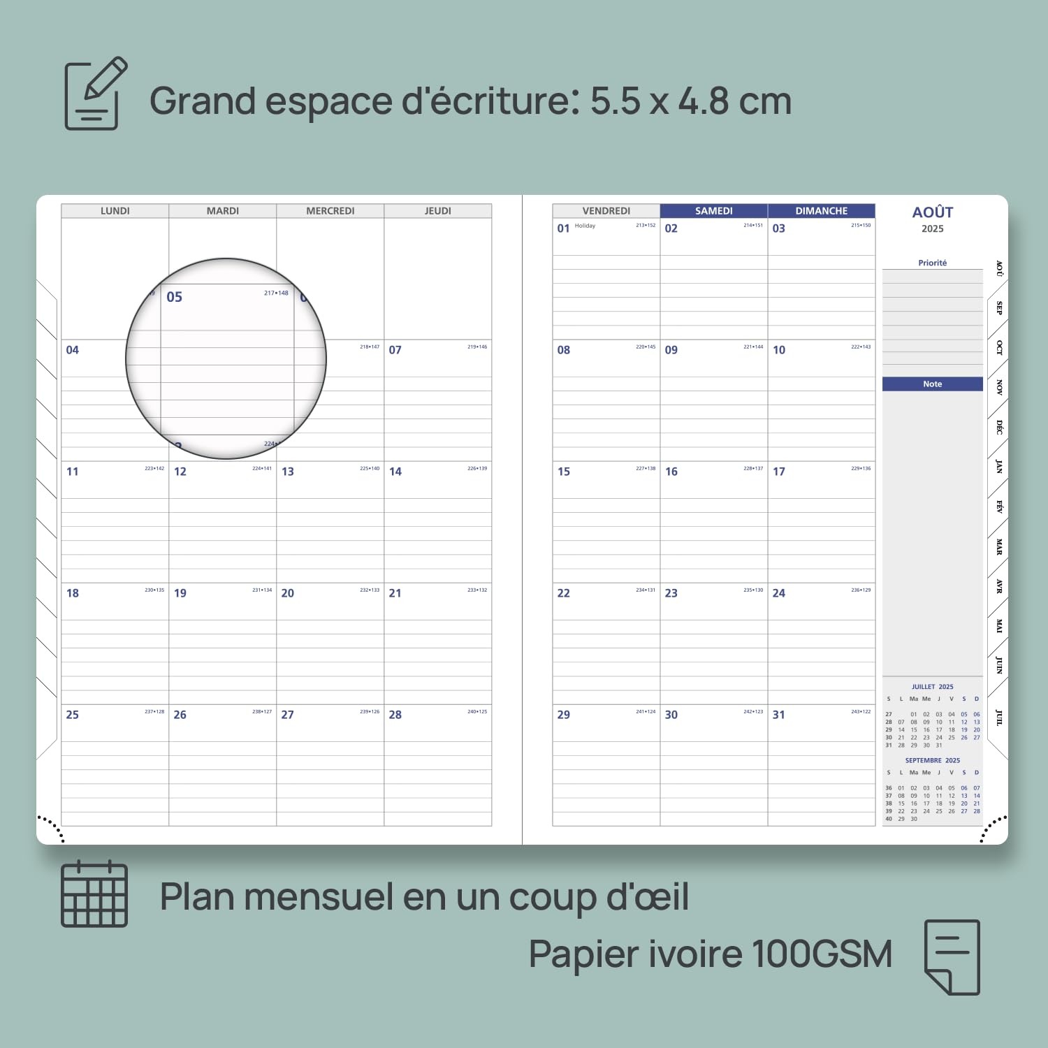 POPRUN Agenda 2025 Semainier 26,5 x 21,5 cm D'août 2024 à déc 2025