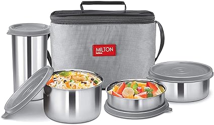 Milton Delicious Combo Stainless Steel Insulated Tiffin, (1 Tumbler and 3 Container) Set of 4, Grey