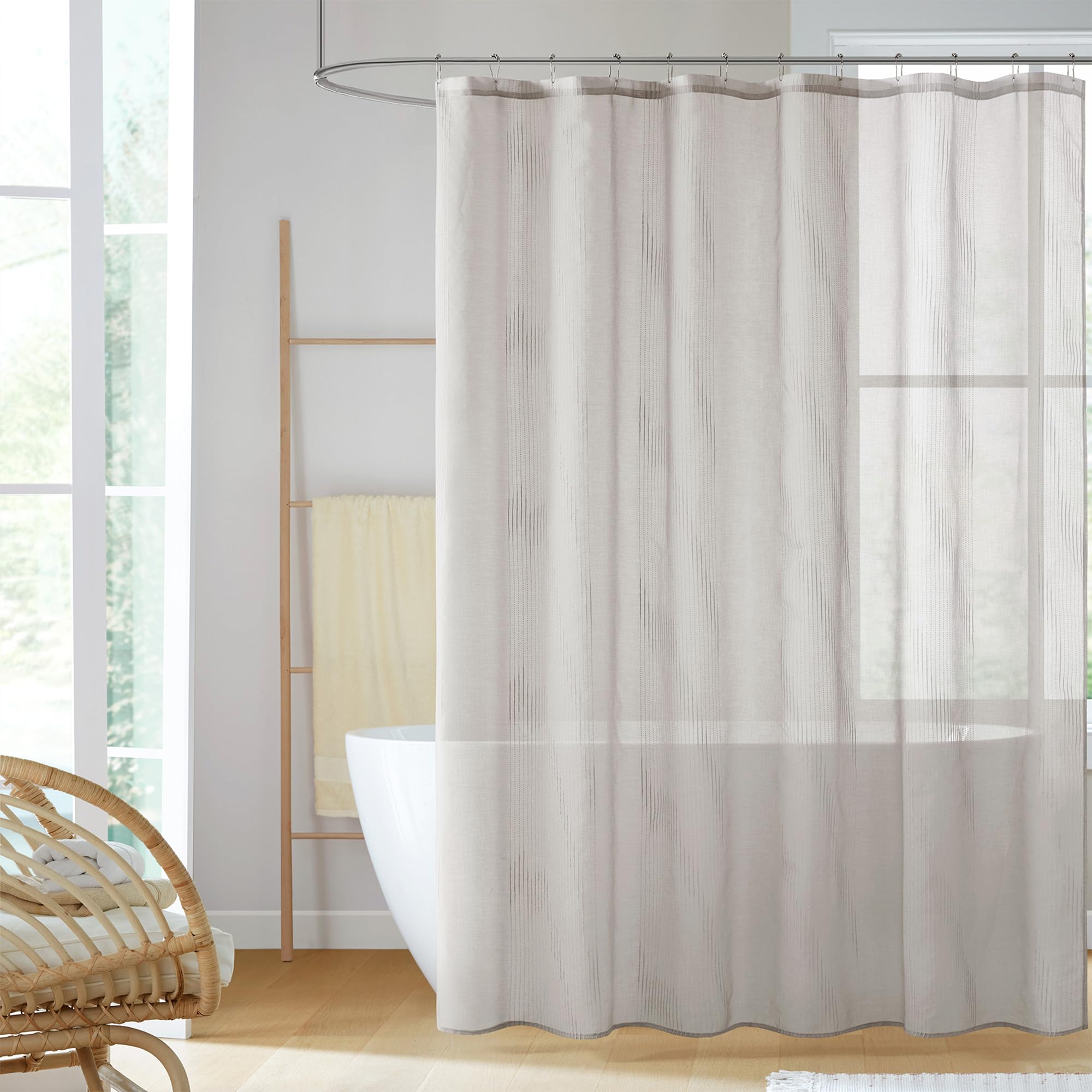 Madison Park Anna Sheers Shower Curtain, Textured Striped Accent Design, Modern Mid-Century Bathroom Decor, Machine Washable, Fabric Privacy Screen 72x72, Grey