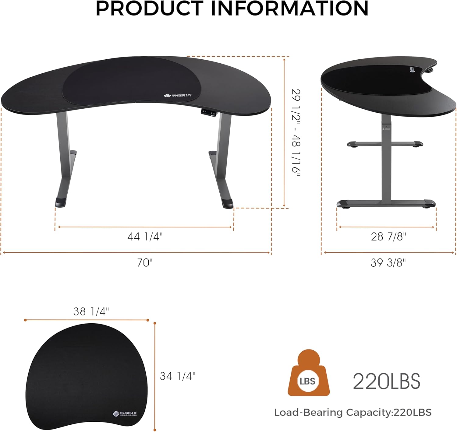 EUREKA ERGONOMIC Electric Standing Desk 70 Inch Home Office Desk Curved Desktop Table, Height Adjustable Sit Stand Up Desk,Cashew-Shaped Computer Workstations,Triamine Smoked Wood