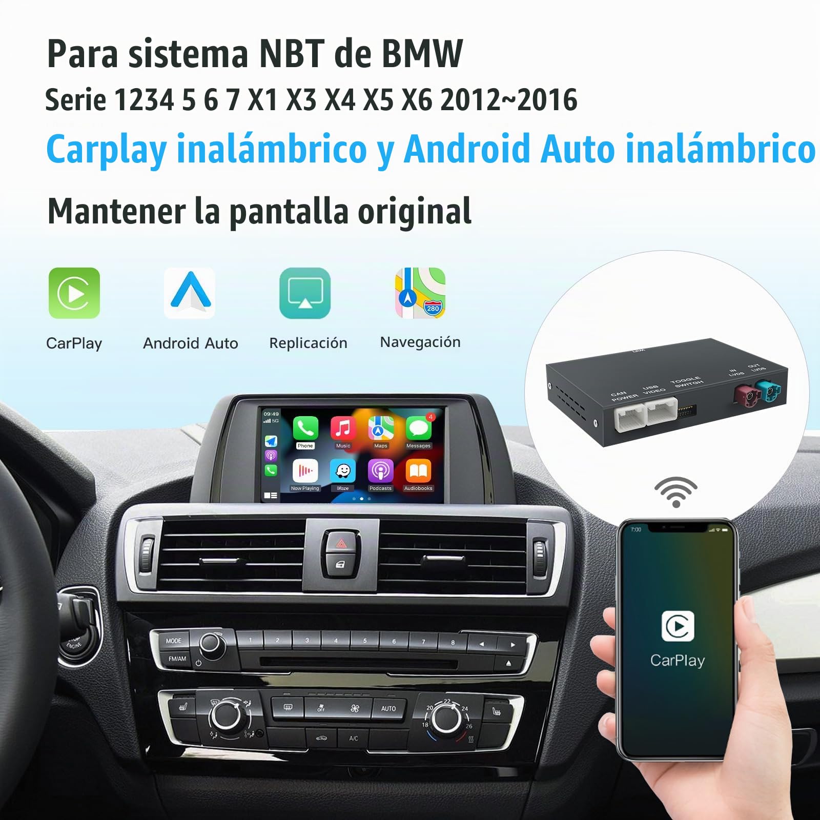 Módulo CarPlay Inalámbrico Android Auto para BMW Sistema NBT Serie 1 2 3 4 5 6 7 X1 X3 X4 X5 X6 2012-2016 I Kit de Conversión Compatible con Mirrorlink y Funciones de Fábrica