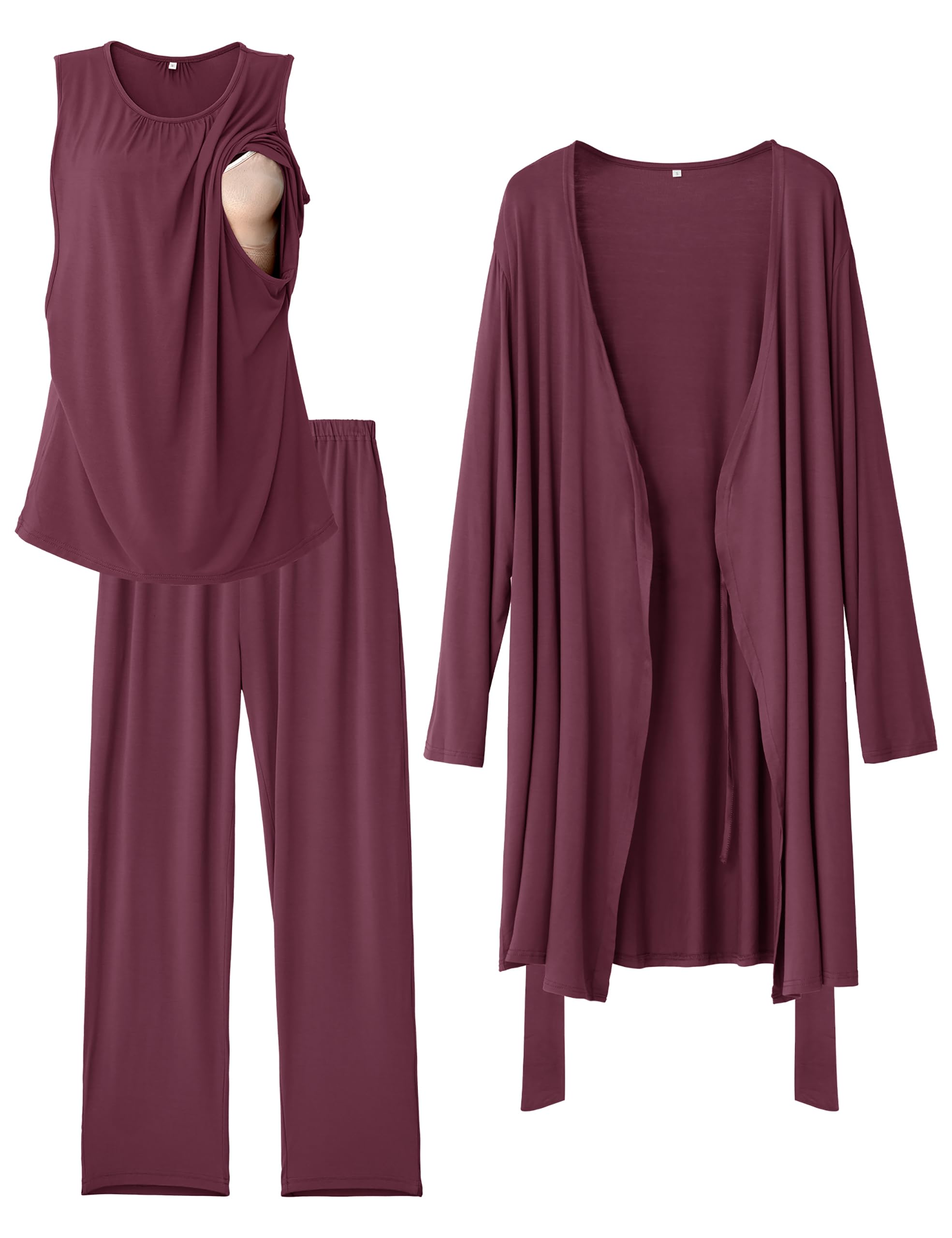 SUNNYBUY Stillpyjama Set Damen 3-teilig Umstands- und Still-Schlafanzug mit Top, Hose und Morgenmantel ideal für Schwangerschaft, Wochenbett und Klinik