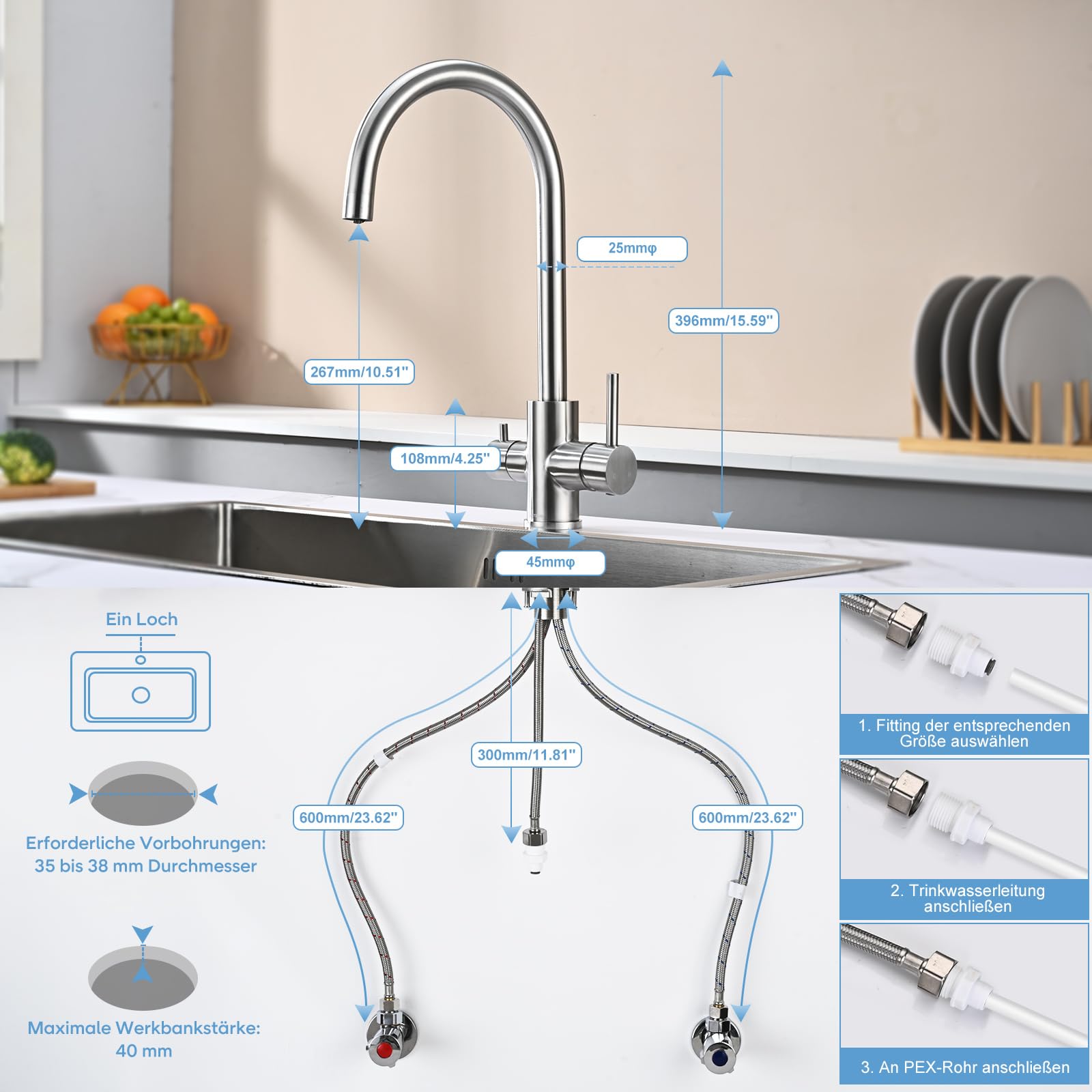 3-Wege-Küchenarmatur, DETBOM Wasserhahn für Küche mit Osmoseanlage, 360° drehbar, Doppelhebel, 3 in 1 Spültischarmatur für Wasserfilter, Edelstahl Gebürstet