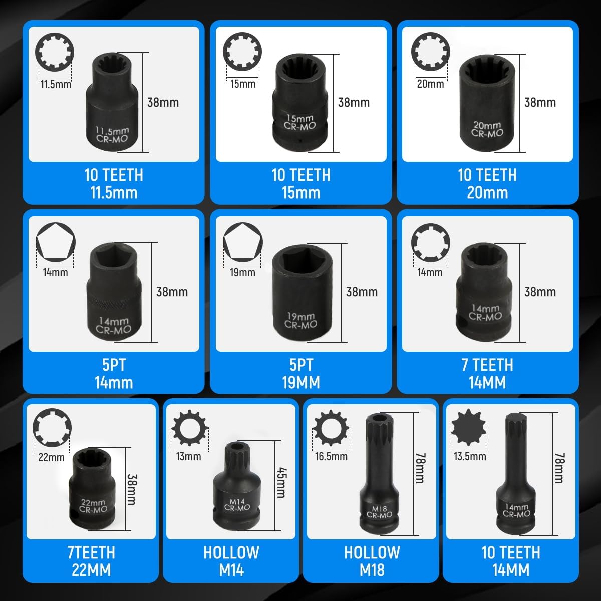 Brake Caliper Socket Set 16PCS Impact Brake Caliper Special Socket Kit 1/2" Square Drive Brake Caliper Tool 5pt 7pt 10pt M14 M18 & Hex Sockets Compatible for Audi/VW/Ford/Porsche/Benz/BMW/Mazda