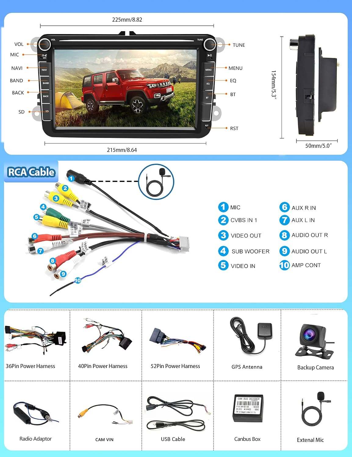 Diagram showing the dimensions of the car stereo, RCA cable connections, and various included accessories like power harnesses, GPS antenna, and backup camera.