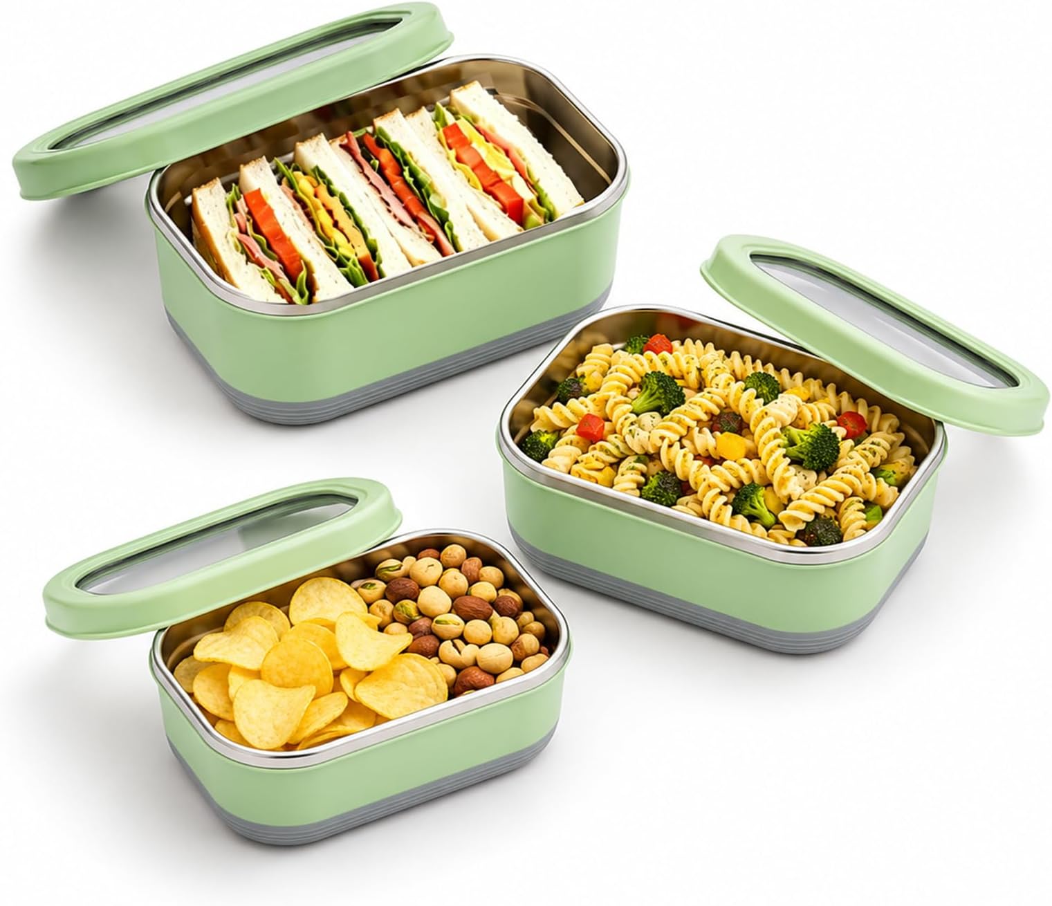 Stainless Steel Food Containers, Set of 3 | 470ml, 900ml and 1.4L leak proof containers. With non-slip exterior. Great for portion control, BPA free