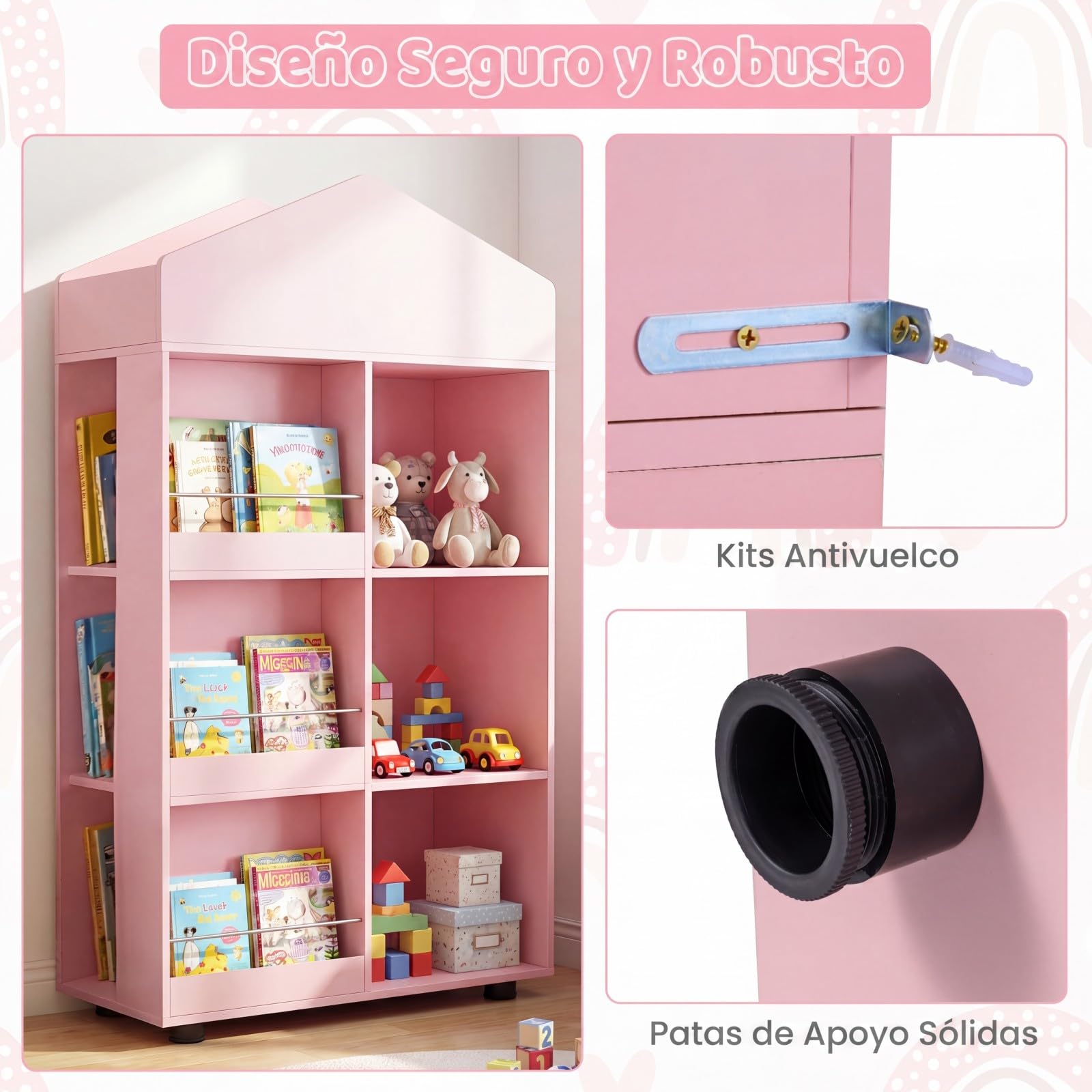 COSTWAY Estantería Infantil de Madera, Organizador Juguetes Tipo Casita de Muñecas con Compartimentos, Kits Antivuelco, Barras y Baffles Anticaída, Biblioteca para Sala de Juegos,64x30x116cm (Rosa)