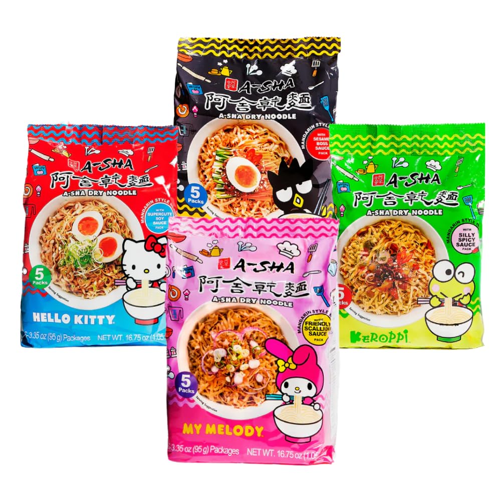 Hello Kitty x A-Sha Healthy Ramen Noodle Variety Pack (4 Flavors, 20 Count), Vegan, Air-Dried, 11g of Plant-Based Protein