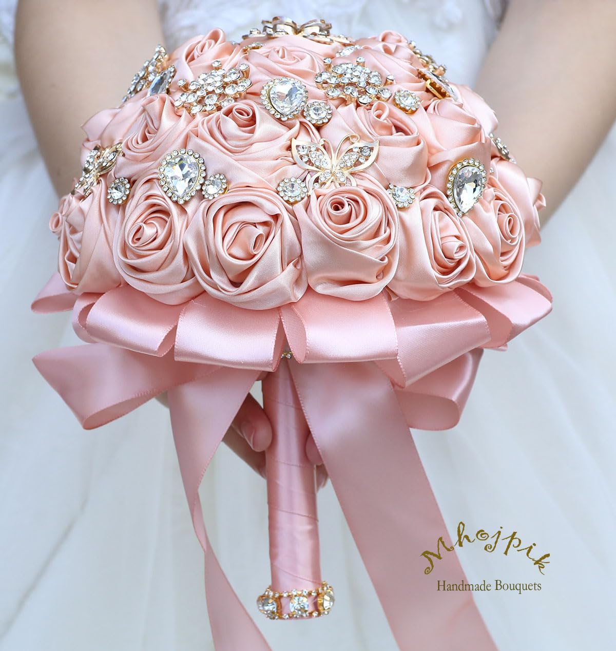 19 cm rosa pesca bouquet da sposa rotondo Bling spilla bouquet lancio artificiale mazzo di fiori per sposa damigella d'onore matrimonio Quinceanera
