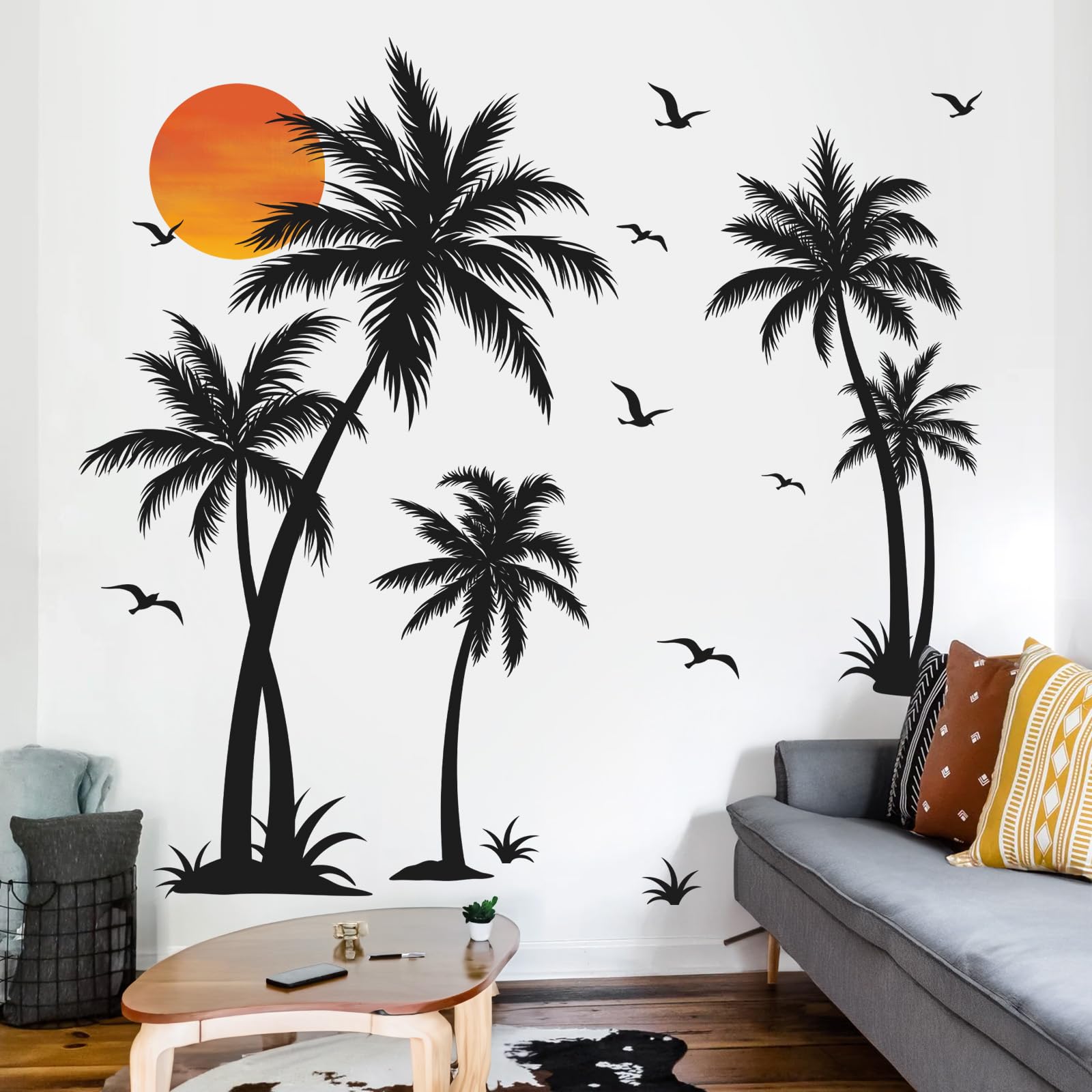 wondever Pegatinas de Pared Palmeras Negro Árbol Grandes Adhesivos Pared Decorativos Árbol Plantas Tropical Aves Vinilos Pared para Salón Dormitorio Habitación Infantiles (H: 135cm)