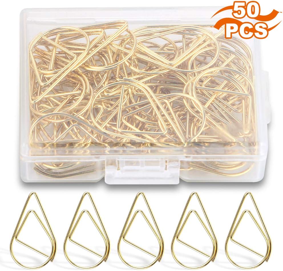 Paper Clips, 50 Pieces Diamond Shaped Paperclips, Creative Gold Drops Shaped Document Clips Office Clips for School Personal Document Organizing and Classifying Professional Work (50 Gold)