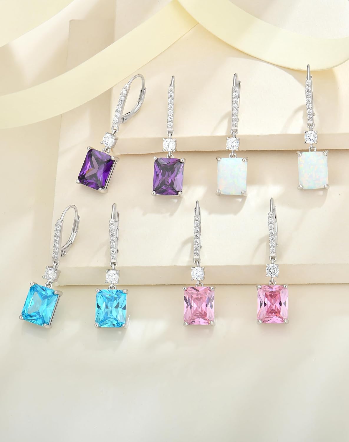 YL Princess Emerald Cut Dangle Earrings for Women, Solid 925 Sterling Silver 18K White Gold Plated Square Birthstone Halo Leverback Jewelry Gifts - Image 2