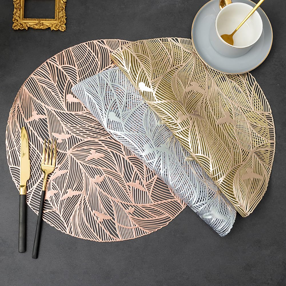 Mat De Table Rond Imperméable PVC - 38 Cm (14,9 Pouces) Mat De Table, Tapis De Thé À Café De Design Creux Moderne pour Les Restaurants, Cuisine, Usage De Bureau,Argent,10pcs