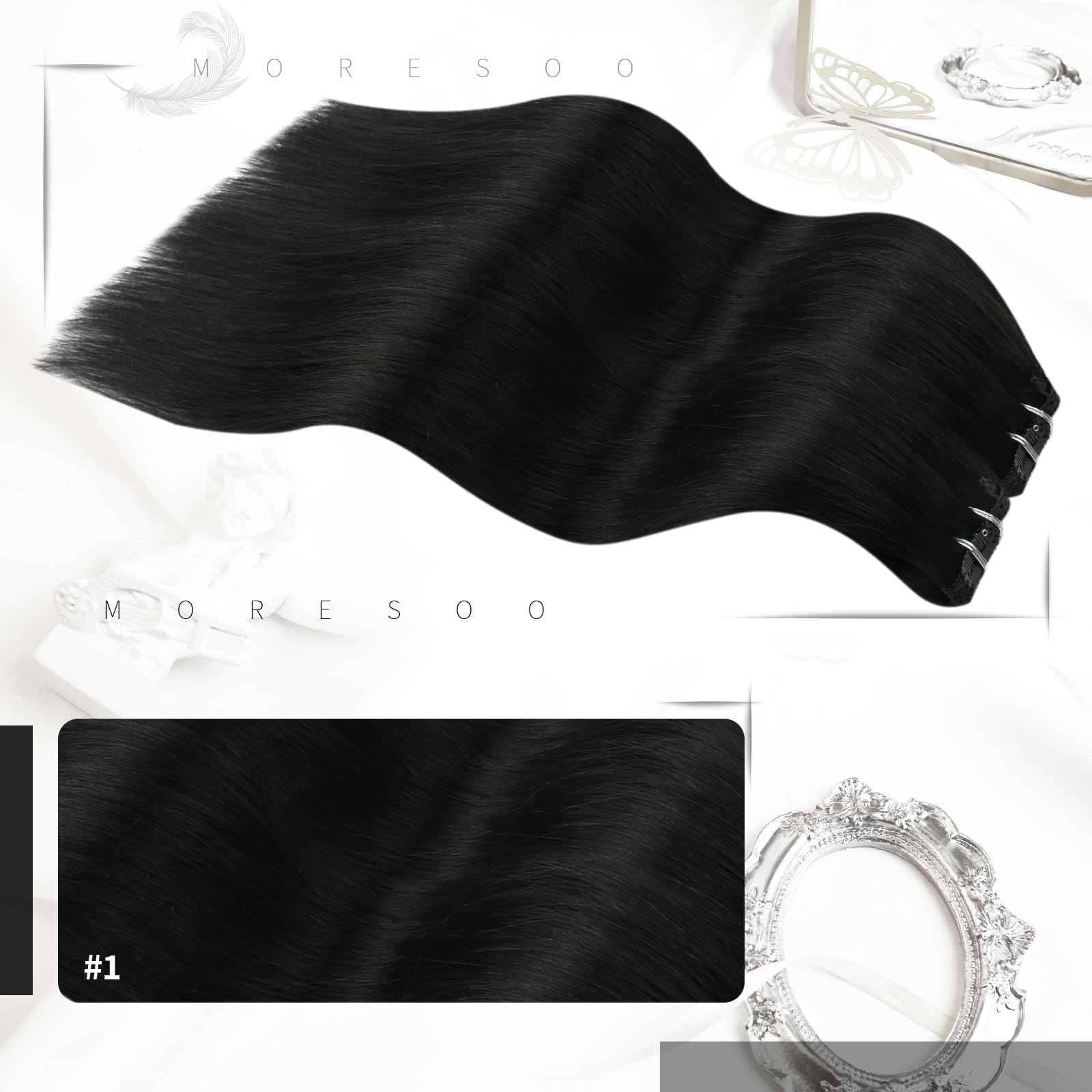 Moresoo Clip in Hair Extensions Real Human Hair 20 Inch Jet Black Clip in Human Hair Extensions Black Straight Human Hair for Women Adding Volume Natural Looking 5pcs/80G #1 - Image 2
