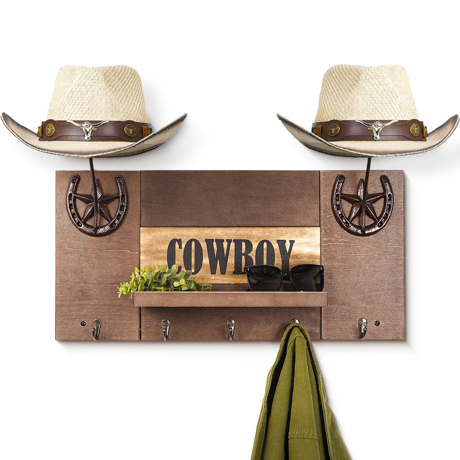 Cowboy Hat Holder for Wall with Shelf and Hooks Western Cast Iron Hat  Rack Rustic Wood Cowboy Hat Hanger for Entryway Closet Western Wall Decor  Hat