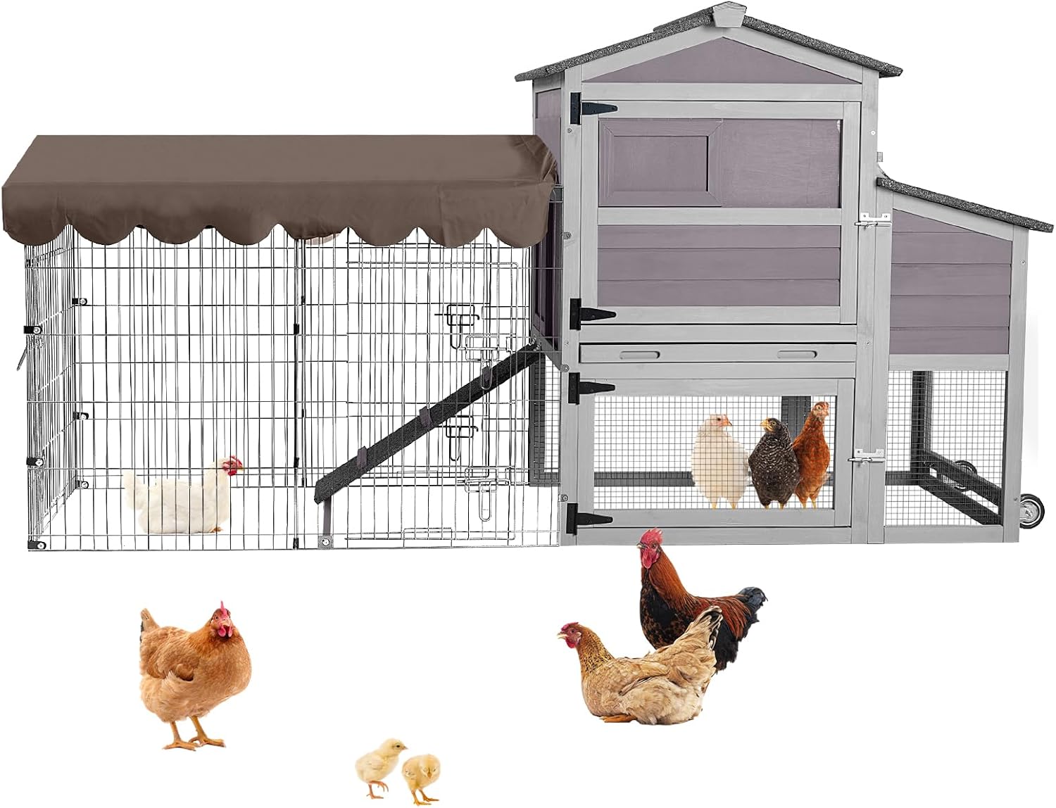 Aivituvin Durable Mobile Chicken Coop with Wheels, Waterproof Asphalt Roof, Steel & Cedar Wood Frame, Large Nesting Box, Predator-Proof, Removable Tray, Two-Level Chicken House for 4–6 Chickens