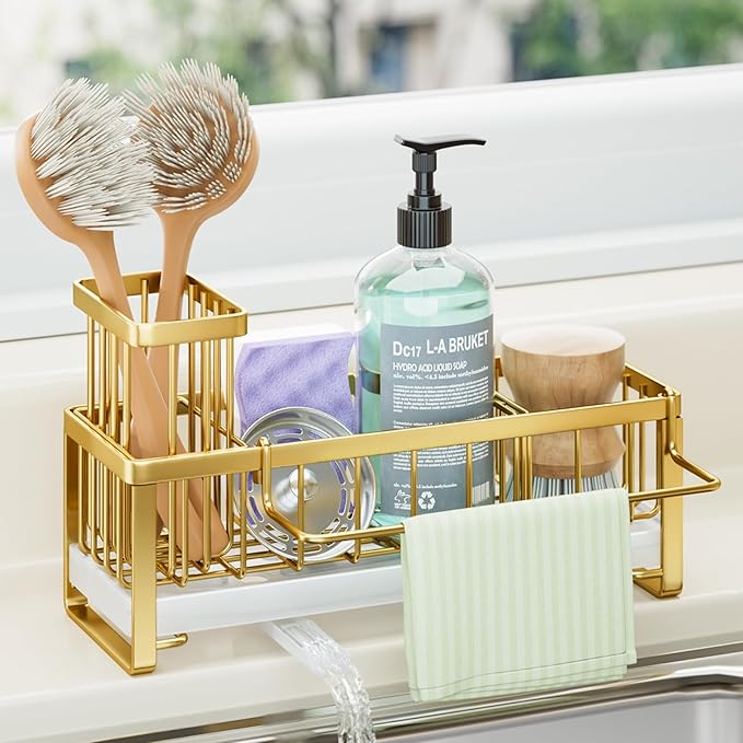 HapiRm Sponge Holder for Kitchen Sink - Self-draining Sink Caddy with Brush Holder and Dishcloth Holder, Stainless Steel Kitchen Organizer for Countertop - Gold