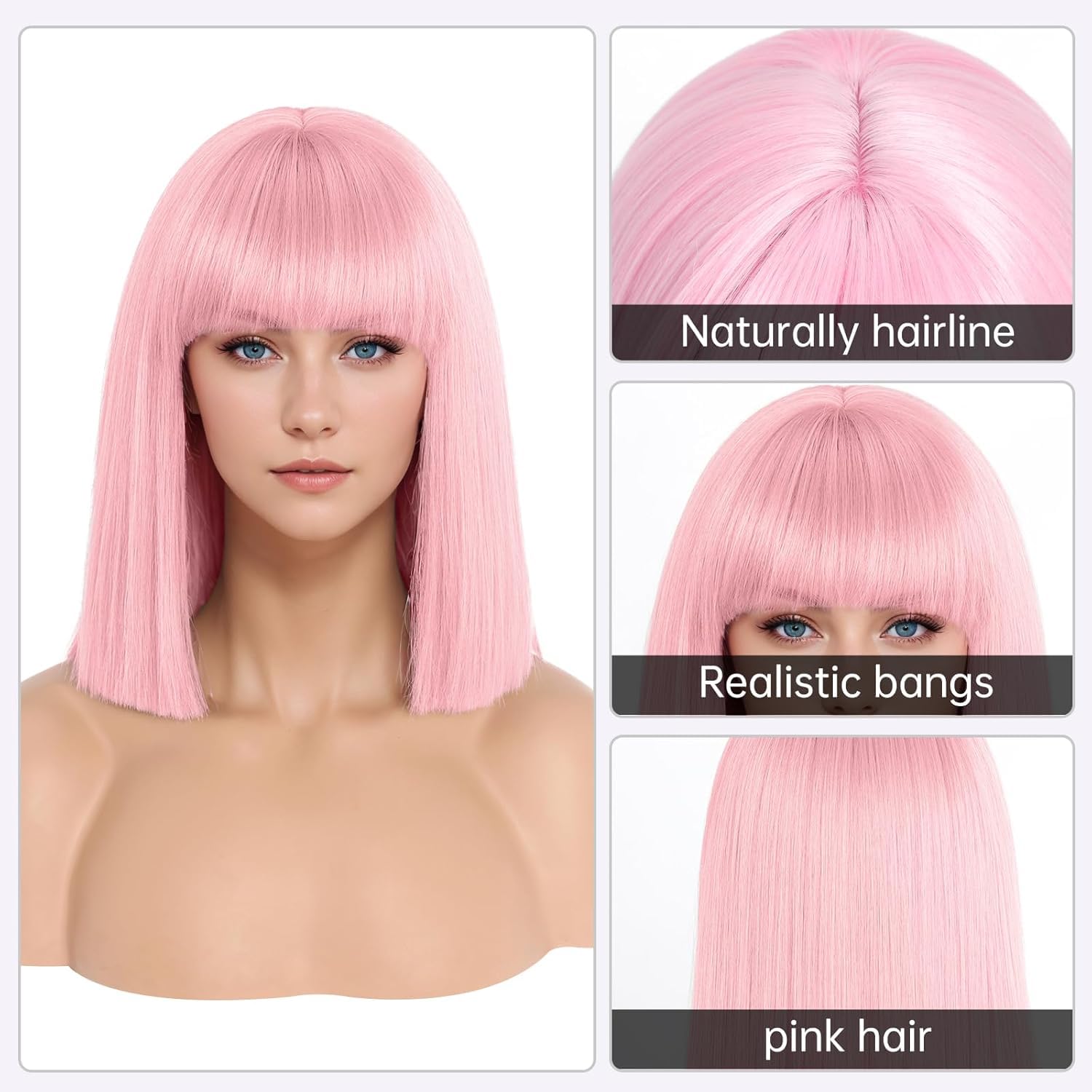 PORSMEER Short Pink Bob Wigs with Fringe Shoulder Length Colorful Wig for Women Girls Heat Resistant Synthetic Straight Hair Wig for Cosplay Halloween Party 14 Inch 35cm - Image 2