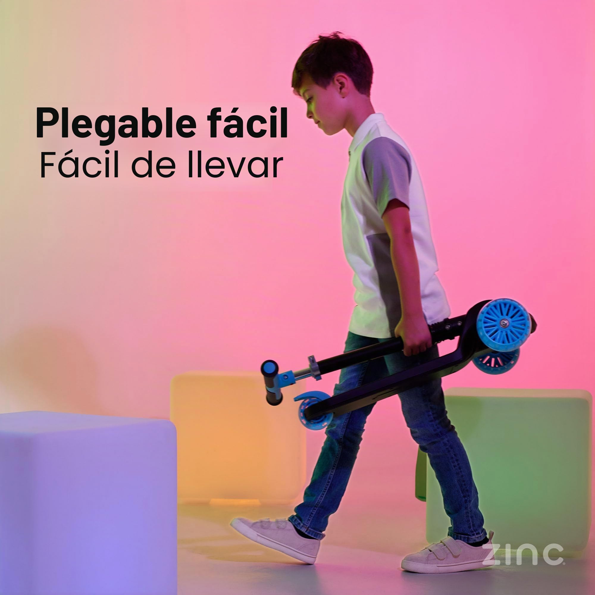 Zinc T-Motion Shine - Patinete para niños a partir de 3 años, plegable de tres ruedas para niños y niñas con cubierta y ruedas con luz LED, manubrio ajustable, controles de inclinación y dirección,