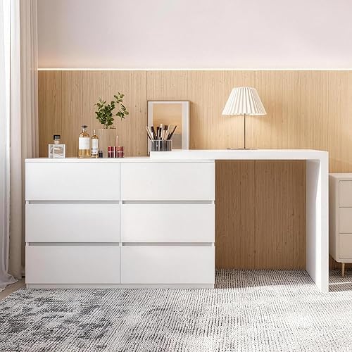 L Shaped Vanity Desk with 6 Drawers, 80.7″ Dresser Desk Combo with Storage,Wood Makeup Dressing Table for Bedroom Corner, Women Girls, White (80.7“)