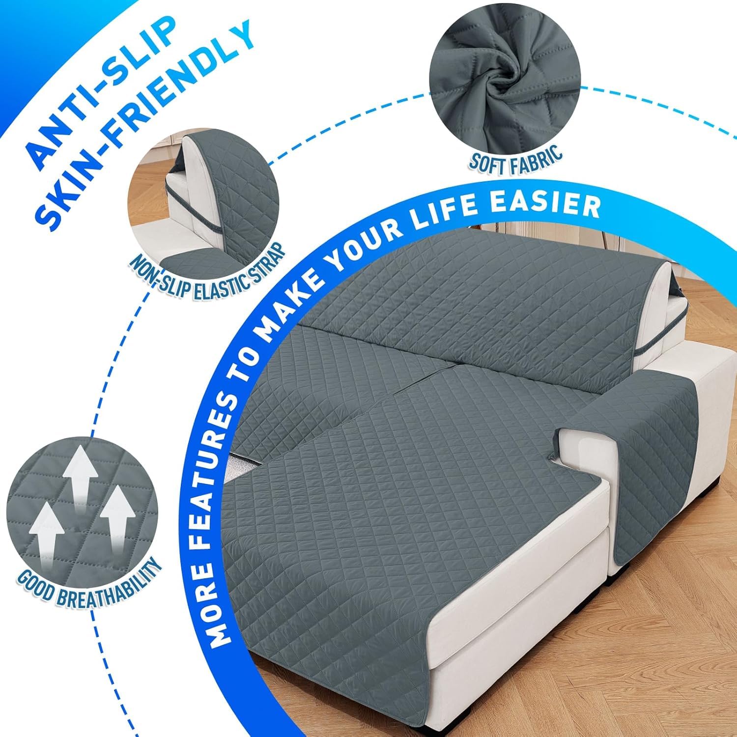 Impermeable Funda Sofa Chaise Long 3 Plazas, Funda Chaise Longue Derecho/Izquierdo Reversible, Universal, Ajustables, Antideslizante, Lavable, para Gatos Perros, Gris Oscuro