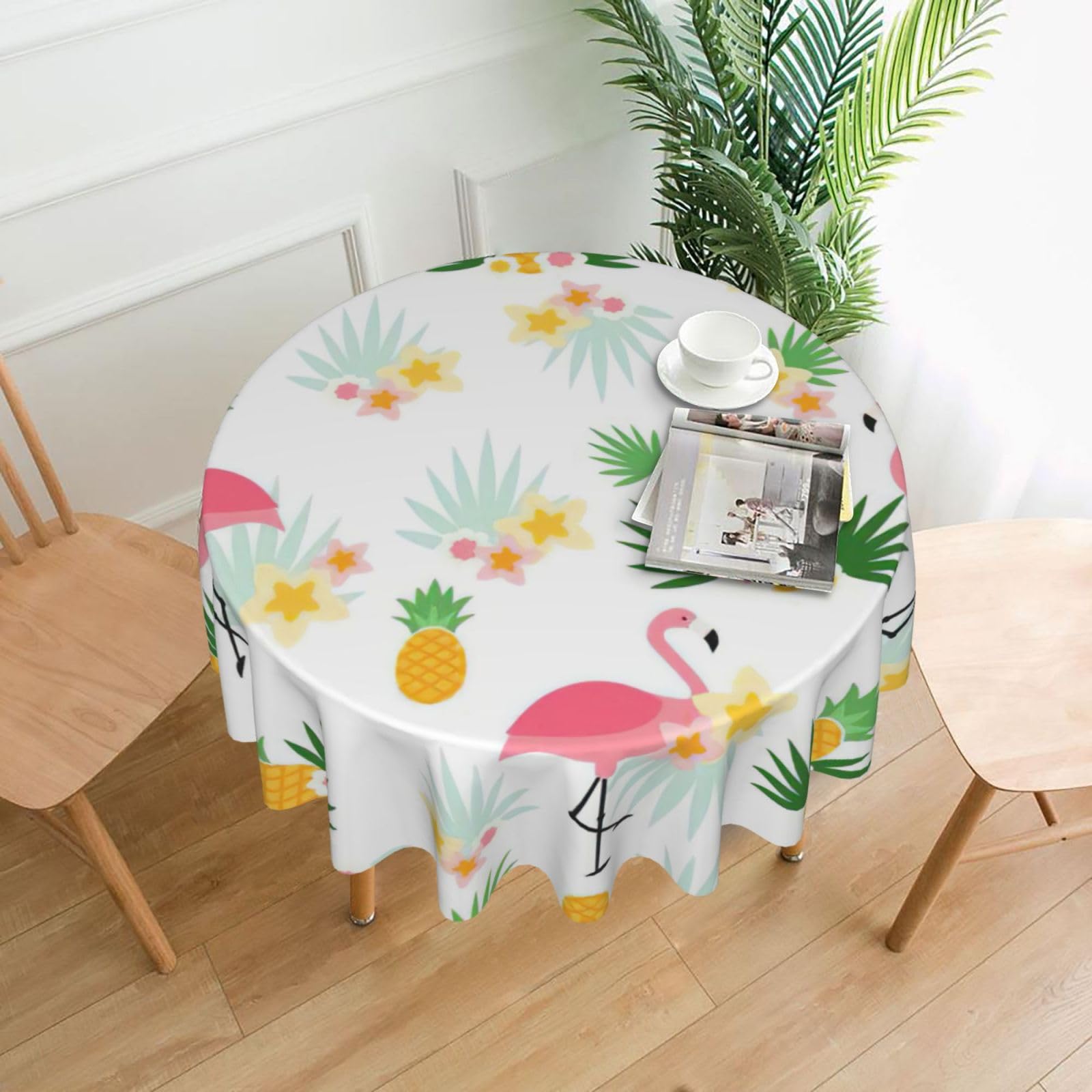 VCzsdff Flamingos and Pineapples Print Stain Resistant Round Tablecloth 60in Family Friendly Polyester Cloth for Kids Meals