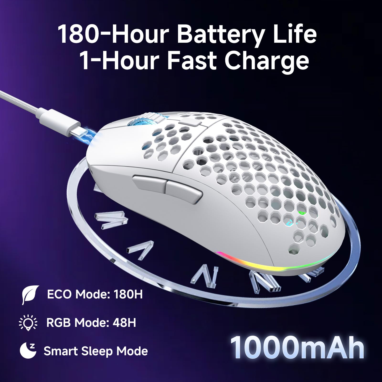 Dierya x TMKB M1 Kabellose Gaming Maus, 24.000 DPI Optischer Sensor, 90g Leichtgewicht, 6 Programmierbare Tasten, RGB Beleuchtung, 180h Akkulaufzeit, 2.4GHz/Bluetooth/USB-C Computer Maus, Weiß