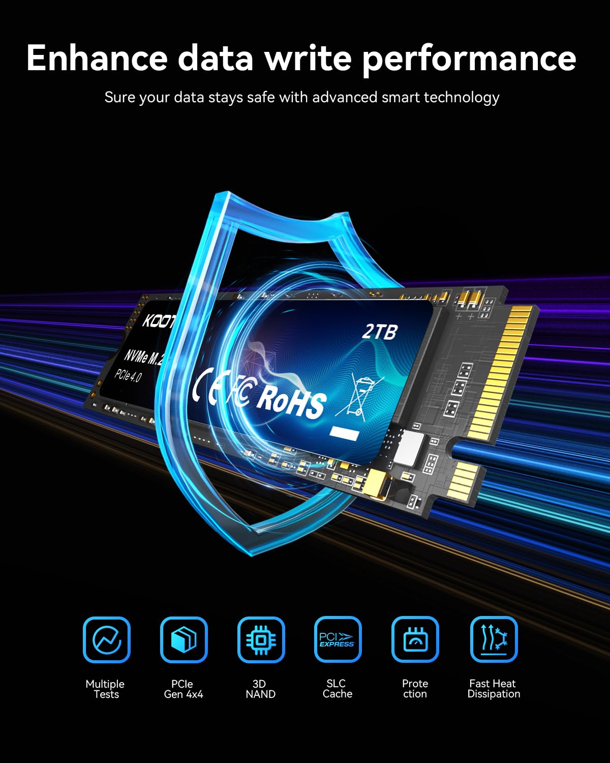 KOOTION SSD 2TB Nvme SSD PCIe 4.0 Interne Festplatte 5200MB/s Lesen, 4500MB/s Schreiben, 2 TB SSD 3D NAND Flash Interne Solid-State-Laufwerk für PS5, Programme, Gaming und Videoschnitt