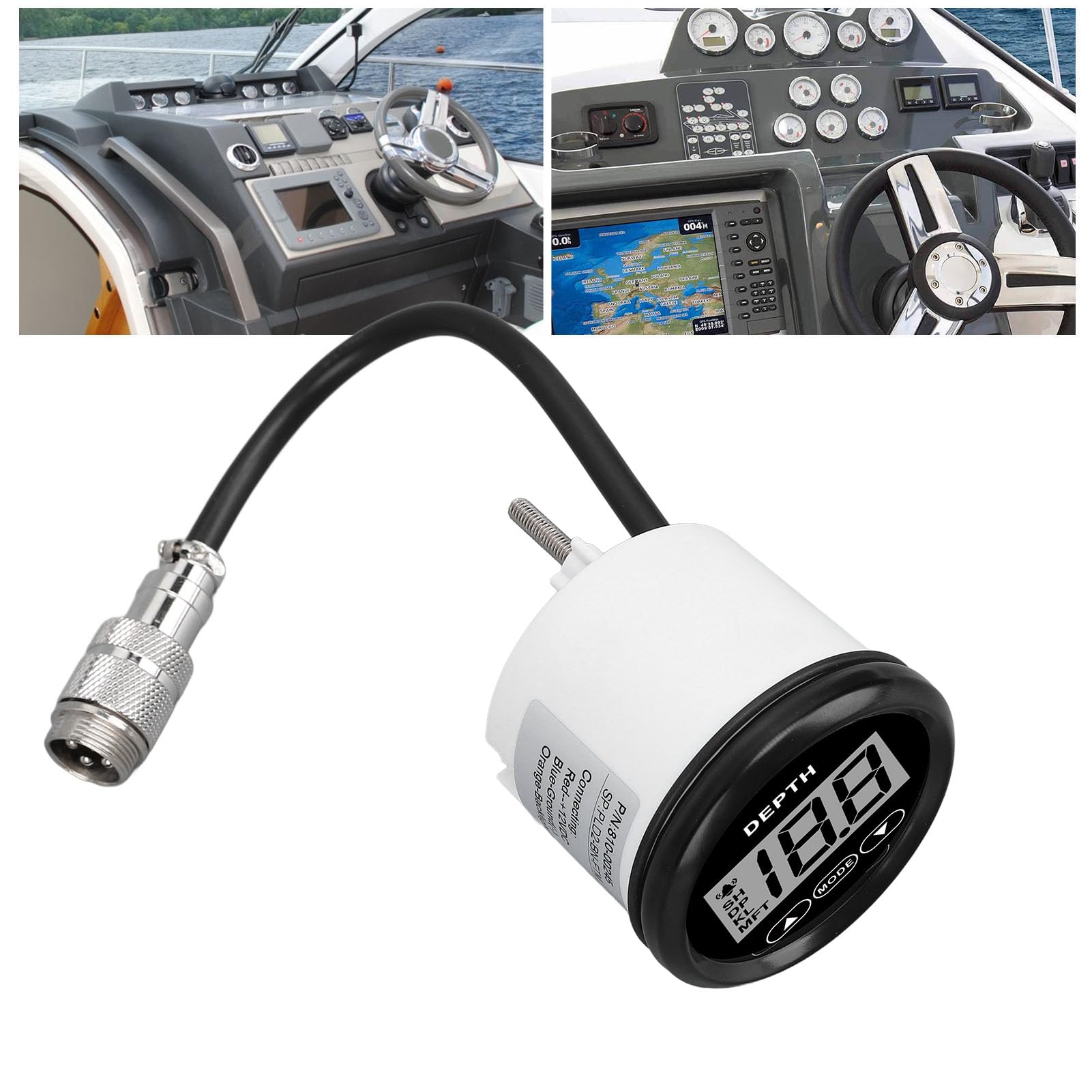 Tiefenmesser für Boote, Edelstahl 316L-Lünette, Beschlagfreies Glas, IP67, Wasserdichtes LCD-Display, 100 M Reichweite, 12 V, mit Alarm und (81000245 Schwarzes Zifferblatt, schwarze Lünette)