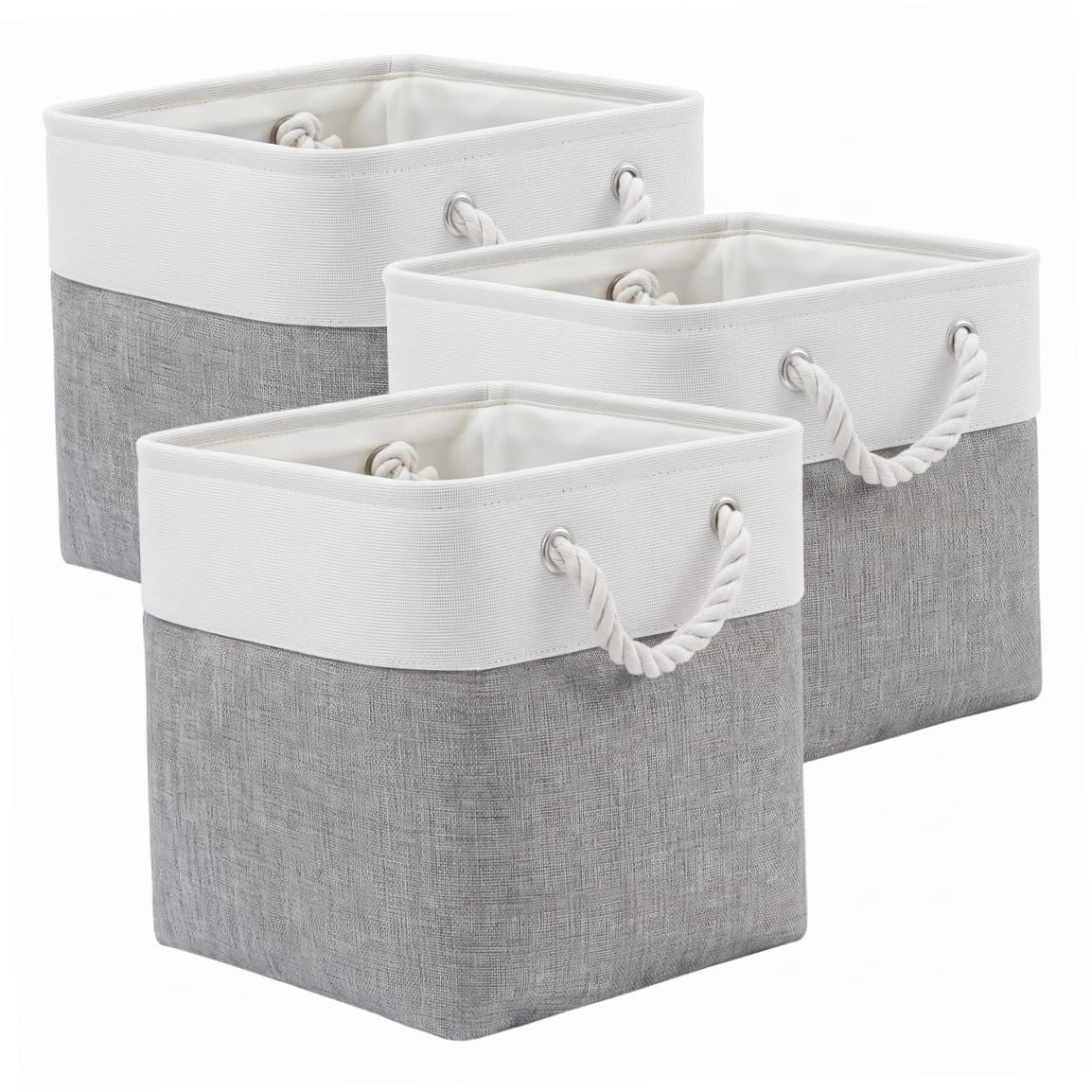 Goutdori Cube Storage Bins 3 Pack 13in, Foldable Cubby Bins with Rope Handles White Gray 13x13x13 Cube Storage, 13 Inch Foldable Cubes, 3 Pack White Gray, Cubby with Rope Handles, 13x13x13