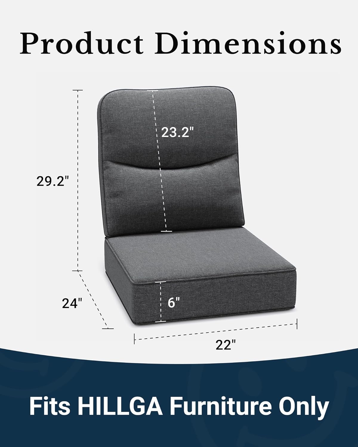 HILLGA Luxury 6-Inch Thick Patio High Back Cushions, 2PCS Waterproof Outdoor Cushions with Handles, Premium Olefin Fabric & High Resilience Foam, Ideal for Furniture Set, Sofa and Chair (Dark Grey)