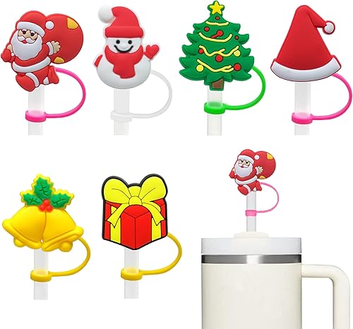 Stanley Cup - 6 fundas para popotes reutilizables con temática navideña, accesorios para popotes de silicona, a prueba de salpicaduras, divertidos
