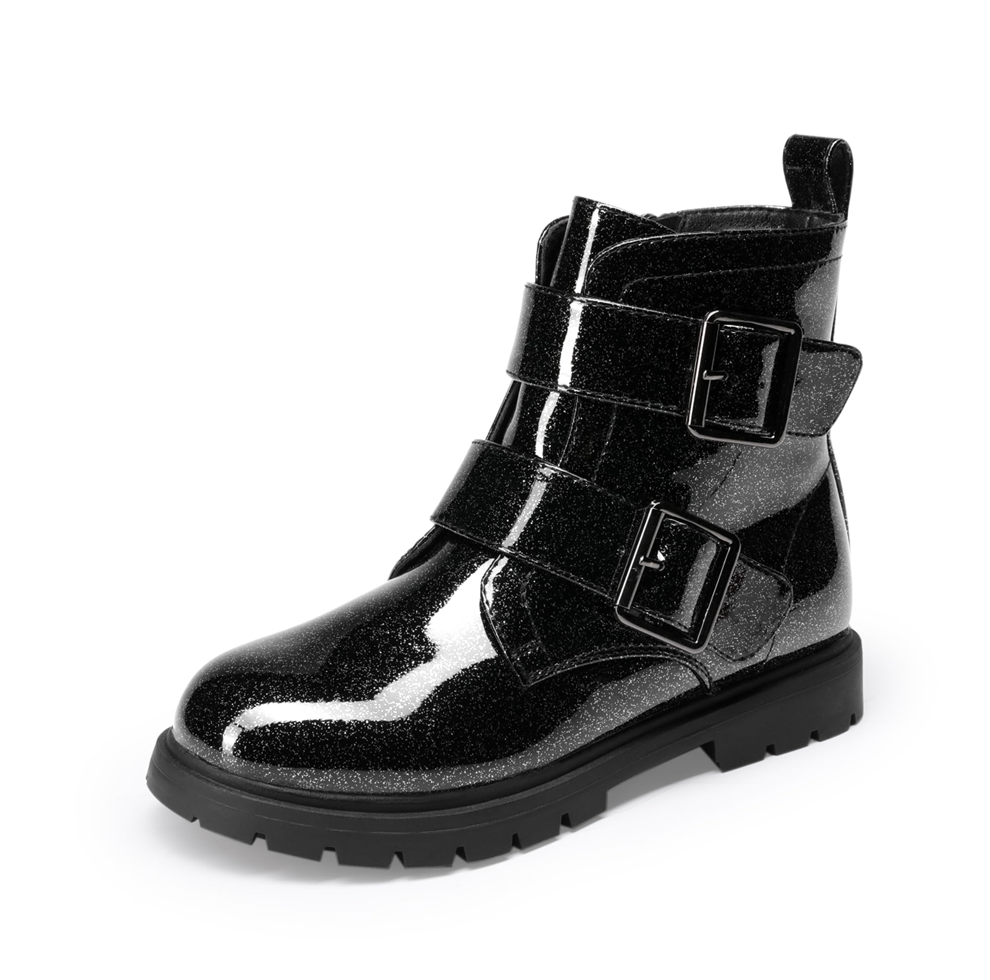 DREAM PAIRS Botines con purpurina para niñas y niños, con cremallera lateral, zapatos de combate con hebillas para niños pequeños, niños grandes