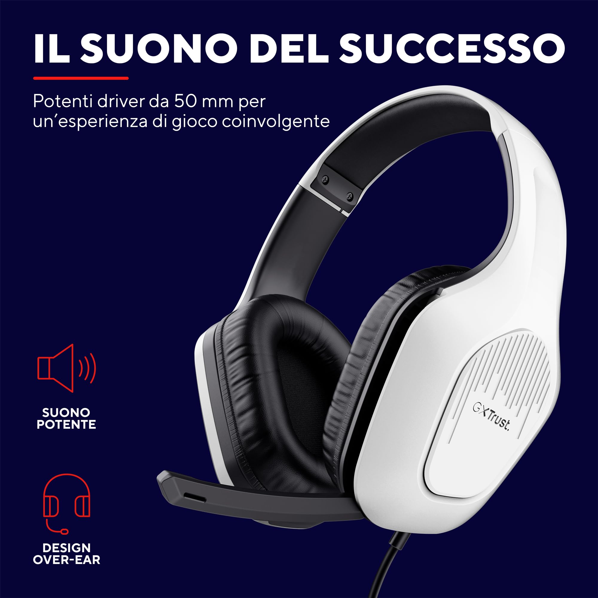 Trust Gaming GXT 415W Zirox Cuffie Gaming Leggere con Driver da 50 mm per PC, Xbox, PS4, PS5, Switch, Mobile, Jack Audio 3.5 mm, Cavo 2m, Cuffie con Microfono Over-Ear - Bianco