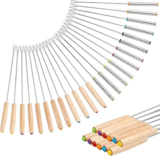 24 Pack Stainless Steel Fondue Forks,12 Wood Handles and 12 Stainless Steel Handles,9.4 Inch Color Coding Fondue Sticks with Heat Resistant Handle for Chocolate Fountain Cheese Marshmallows
