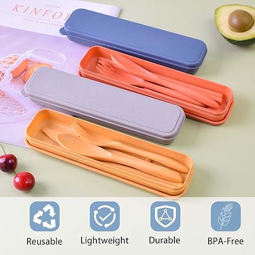 Miniatura 7 de Utensilios de viaje con estuche, juego de cubiertos portátiles de paja de trigo, cuchara, cuchillo, tenedor, palillos, utensilios reutilizables para