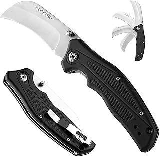 WORKPRO Pocket Knife, Hawkbill Folding Utility Knife with Lanyard Hole and Belt Clip, Electrician Knife for Cable Skinning and Carpet, Linoleum, Cardboard, Rope, Wire Cutting